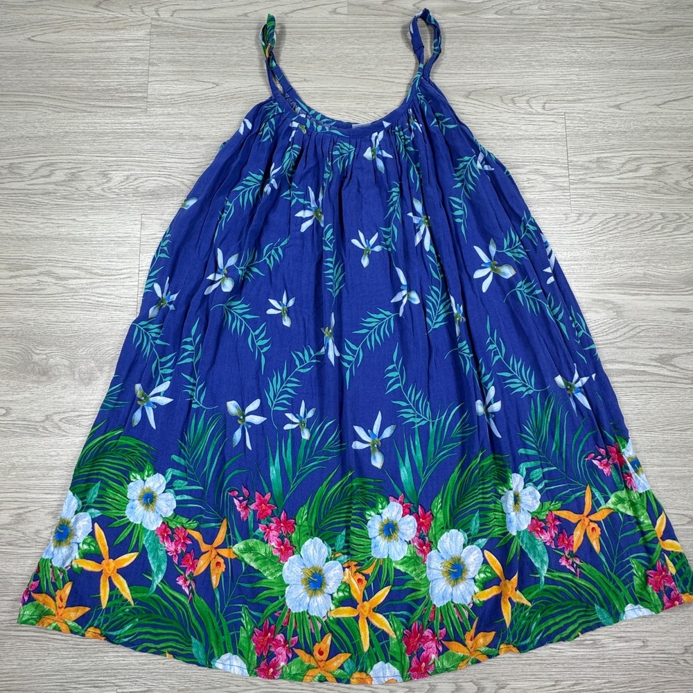 Island Planet Women‎ Dress Blue Floral Tropical Rayon Sleeveless Beachy OSFM